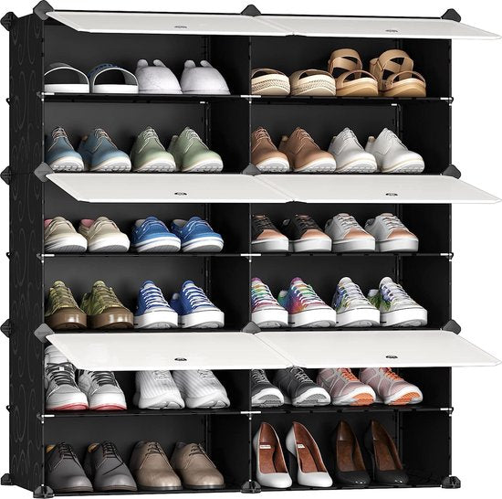 Schoenenkast, doe-het-zelf schoenenrek, kunststof kastorganizer voor kast, modulaire schoenenstandaard met deur, schoenenboxen stapelbaar voor hal, slaapkamer, ingang, zwart en wit, 2 x 6