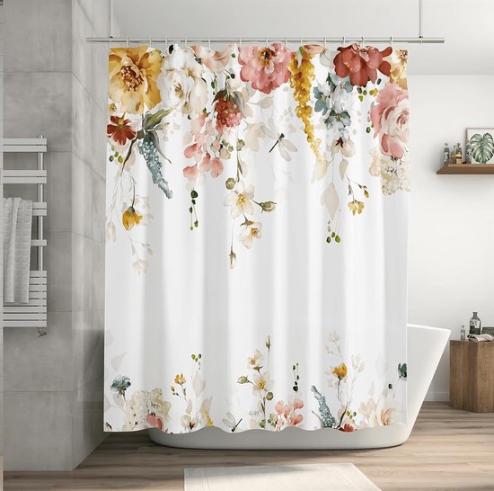 Douchegordijn warme bloemen in roze rood geel en meer zachte groene planten met libellen elegante donkergroene bloemen ontspannend douchegordijn van 100% waterdicht polyester 180x200cm