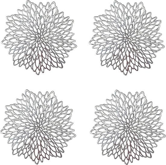 4 stuks uitgeholde ronde placemats, zilveren ronde placemats, uitgeholde ronde placemats, geperst, voor het isoleren van platte borden, tafeldecoratie (zilver)