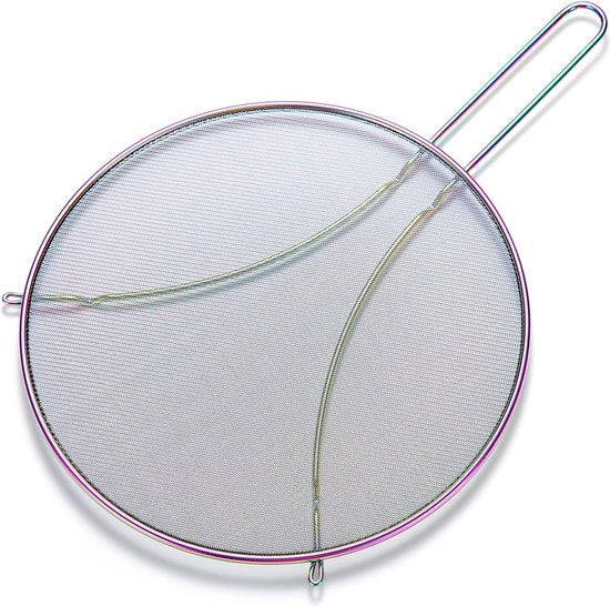 Rainbow spatscherm voor koken 9,8'', roestvrijstalen vetspatscherm voor koekenpan, fijnmazige spatscherm met voeten, comforthandvat, veilig kookdeksel, houdt de keuken schoon