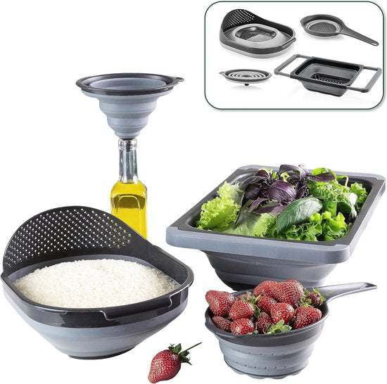 4-delige zeefset, pastazeef, afdruipzeef, alle opvouwbaar, keukengadgets, accessoires, van hoogwaardige siliconen en kunststof, gootsteenzeef, keukengadget, camping
