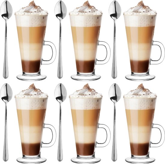 Glazen set van 6 0,25 liter met lepels Koffieglazen Theeglazen Koffie Theeglas Latte Macchiato Glazen Drinkglazen Waterglazen Vaatwasmachinebestendige glazen Kleine glazen 6 x