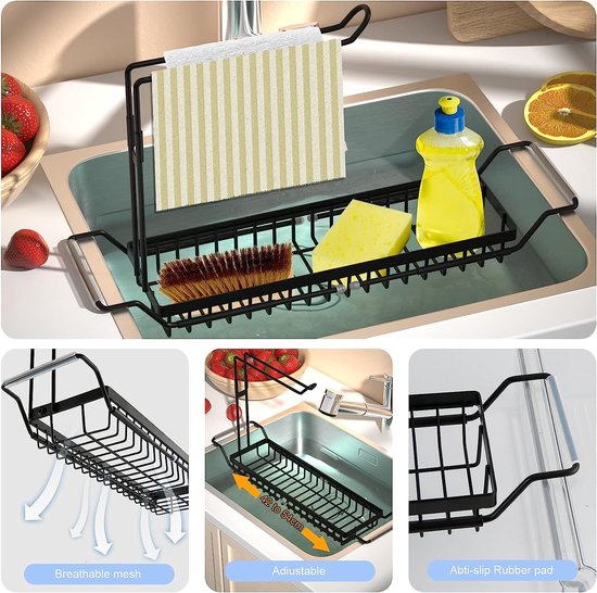 Spoelbakorganizer, telescopische keukengootsteen, caddy organizer met doekhouder, sponshouder voor keukenaanrecht, roestvrij staal, spoelbak, afdruiprek, wastafelorganizer voor keuken, gootsteen (42-54 cm)