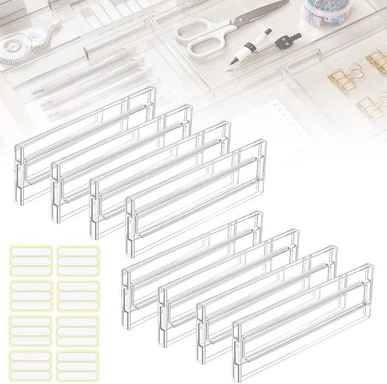 8 stuks verstelbare lades, kunststof lades, transparante lades, lades, lade-scheidingssysteem, verstelbaar, lade-organizer, plank, ladekast, 27,5-52 cm