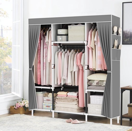 Open kledingkast, stoffen kast met ritssluiting, kledingkast met 3 kledingstangen, 3 vakken en 4 zijvakken, vouwkast, 175 x 150 x 45 cm, voor kleedkamer, slaapkamer, grijs