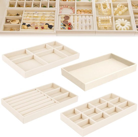 4 stuks sieradendoosje, 21 x 12,5 x 2,5 cm, fluwelen sieradeninzetstuk voor laden, sieradenkistjes, stapelbaar, sieradenopslag lade voor halskettingen, armbanden, oorbellen, ringen, horloges