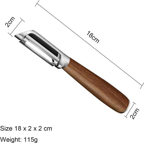 Peeler voor fruit en groenten, roestvrijstalen peeler, keukenpeeling gereedschap met houten handvat.