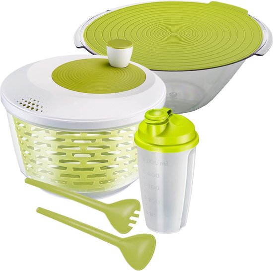 Saladeset, 4-delig, slacentrifuge, -com, -bestek en dressingshaker, kunststof, transparant/wit/groot