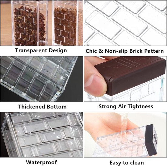 Spice Jars Square Set of 6 Camping Spice Jars Spice Container Plastic Small Spice Box Spice Shaker Spice Organiser with Tray, Funnel, Stickers, Cleaning Brush, Chalk Pen