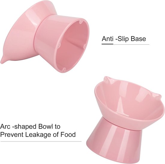 Kattenbak, kattenvoerbak, verhoogd met 15° kanteling, anti-braken kattenbakken voor voedsel en water, roze