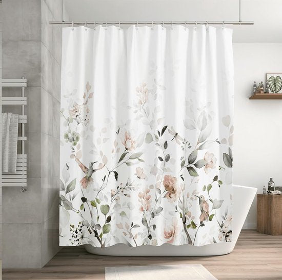 Douchegordijn licht groene plantenbladeren delicate roze bloemen en vogel libellen en vlinderpatroon Hoge kwaliteit douchegordijn gemaakt van 100% waterdicht polyester Afmetingen: 180x200cm