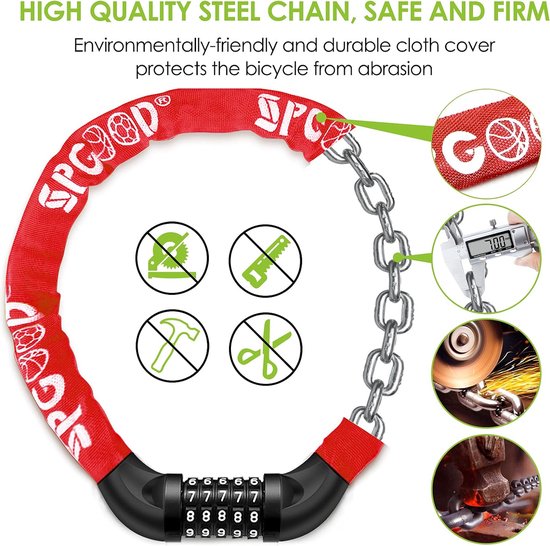 Fietsslot (14 kleuren) met cijfers en hoog veiligheidsniveau, fietskettingslot, cijfercode combinatieslot, geharde stalen schakels (rood)