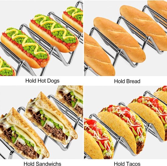 Taco Houder staander, roestvrij staal, taco rek, golfvorm, voedselstandaard, keukengadget gereedschap voor harde of zachte schelpen, tacos, sandwiches, 2 stuks