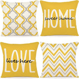 Kussensloop 50 x 50 cm, set van 4 decoratieve kussens, linnen kussenslopen, geometrisch patroon, kussenhoezen voor bank, slaapkamer, buiten, kussen, 50 x 50 cm, geel.