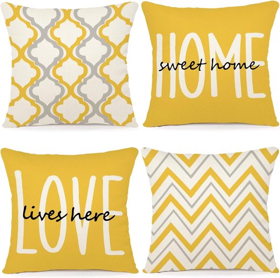Kussensloop 50 x 50 cm, set van 4 decoratieve kussens, linnen kussenslopen, geometrisch patroon, kussenhoezen voor bank, slaapkamer, buiten, kussen, 50 x 50 cm, geel.