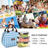 Lunchtassen voor voor en achter, schuine lunchtassen voor meisjes, lunchbox voor vol en kinderen, grote koeling, lunchtassen voor werk, school, picknick, blauw gestreept
