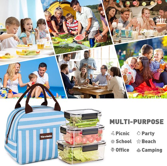 Lunchtassen voor voor en achter, schuine lunchtassen voor meisjes, lunchbox voor vol en kinderen, grote koeling, lunchtassen voor werk, school, picknick, blauw gestreept