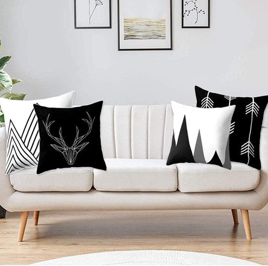Kussenhoezen, 4 stuks, 45 x 45 cm, geometrisch zwart-wit, kussensloop met geometrisch patroon, decoratieve kussensloop, voor bank, slaapkamer, woonkamer, wooncultuur