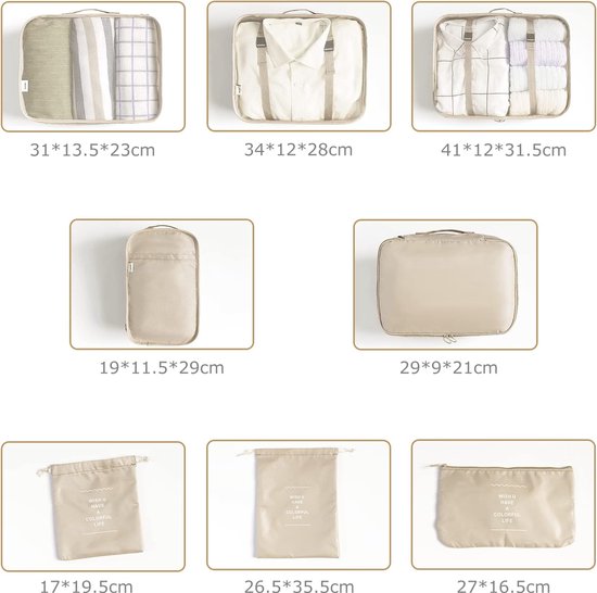 Packing Cubes, kofferorganizer, kledingtassen, schoenentas, reisorganizer, verpakkingskubus, cosmetica, reisorganizer, paktassen voor koffer (8-delig, beige)