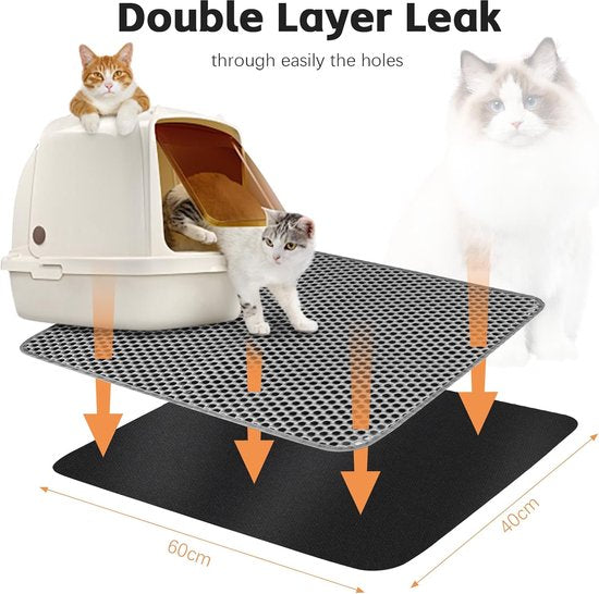 Mat 60 x 40 cm, kattenbakmat, waterdichte dubbele laag, kattenmat, kattenbakonderlegger, honingraat, mat kattenbak voor kattenbakvanger, kattenbakmat grijs, kattenbakmat