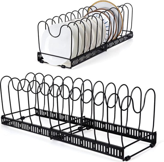 Expandable Pan Organizer Shelf, Pans and Lid Organizer with 12 Dividers, Pantry Cabinet, Bakeware, Lid Holder, Black