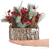 Decoratief bloemstuk Kerstmis - kleine winterse tafelversiering in schors pot met rode bessen, decoratieve sneeuw, kegels - leuke tafeldecoratie voor de adventstijd (1 stuk - 25 cm - rode