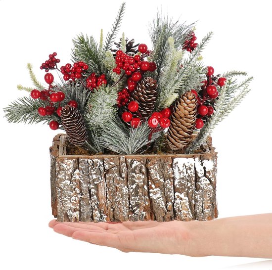 Decoratief bloemstuk Kerstmis - kleine winterse tafelversiering in schors pot met rode bessen, decoratieve sneeuw, kegels - leuke tafeldecoratie voor de adventstijd (1 stuk - 25 cm - rode
