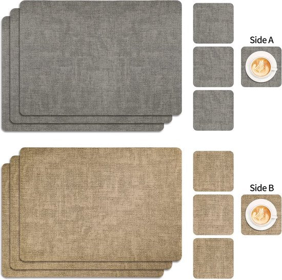 Placemats, afwasbaar en onderzetters, lederen onderzetters en placemats, set van 6, dubbele placemat, art empty, vuilafstotend, antislip, afwasbaar, for restaurant, eettafel