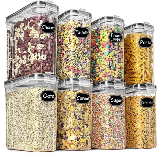 Vershouddozen, luchtdicht, voorraaddozen voor muesli en droge levensmiddelen, suiker, meel, snacks, bakaccessoires, lekvrij, met zwart afsluitdeksel, 2,5 l, 8 stuks
