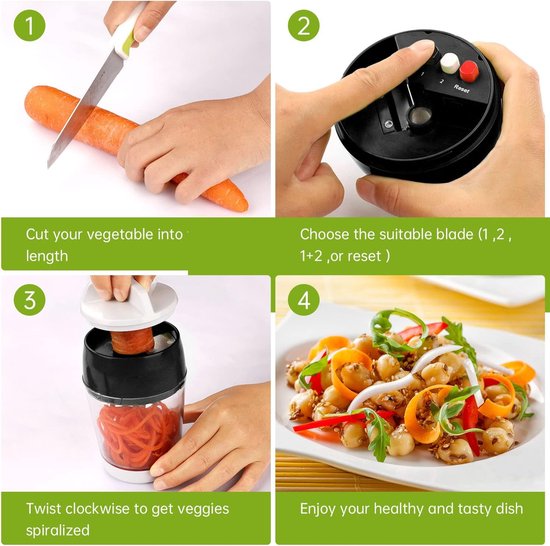 Spiraalsnijder, groente met reservoir, 4-in-1 groentesnijder, spaghetti groenteschaaf, spiraalsnijder voor groentespaghetti, courgettes, wortelen, aardappelen, wortels, wortelen, wortels,