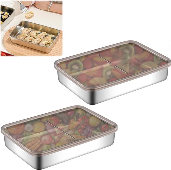 2 stuks roestvrijstalen vershouddozen: snijdoos met luchtdichte deksels, voedselconserveringsdoos voor vlees, kaas, herbruikbare stapelbare roestvrijstalen doos, vaatwasser/oven/vriezer