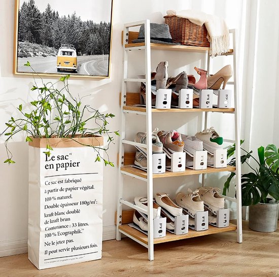 Schoenenorganizer, ruimtebesparend, antislip, schoenenkast, schoenenrek, 4 in hoogte verstelbaar, compatibel met alle soorten schoenen, schoenenstapelaar verstelbaar. (verpakking 12 wit)