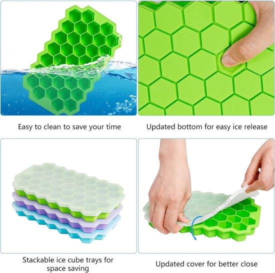 IJsblokjesvorm, set van 3 stuks, silicone, met deksel, eenvoudige ijsvrijgave, ijsblokjesvorm, BPA-vrije ijsblokjeshouder voor cocktails, whisky, sap, water en andere dranken
