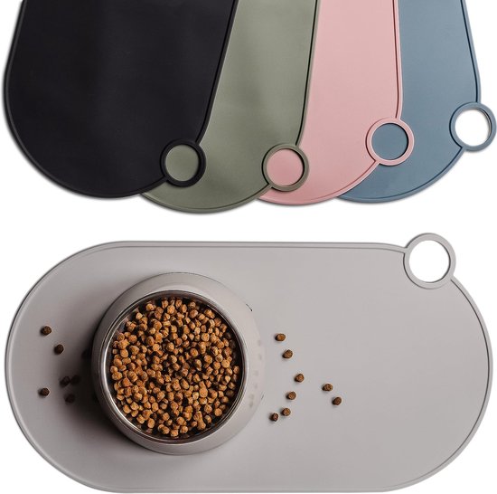 Siliconen bakmat voor katten en kleine honden, kattenbakonderlegger waterdicht, antislip voedermat met ophanglus, 49 x 25 cm, steengrijs