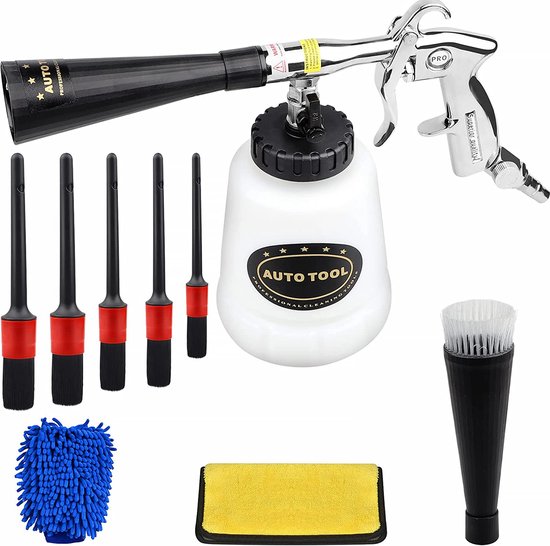 Reinigingspistool, hogedrukreinigerpistool, autoreinigingspistool, persluchtreiniger, 6 - 9,2 bar, instelbare luchtdruk, nikkel-metaalcoating, met mondstuk, handdoeken, handschoenen, borstels