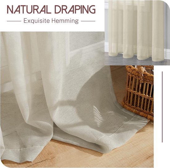 Voile gordijnen met oogjes, half-transparant, kort, linnenlook, voorhang, vitrage, beige-creme, 137 x 140 cm (h x b) voor woonkamer, slaapkamer, kinderkamer, set van 2