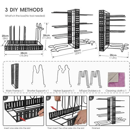 Pannenrekorganizer, 8-laags potten- en pannenrekken voor kastkookgerei, 1 schoonmaakdoekje