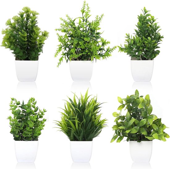 6 stuks kunstplanten, mini-kunstplanten met pot, kunststof kunstplanten, kleine kunstplanten, plastic decoratieve planten voor thuis, binnendecoratie