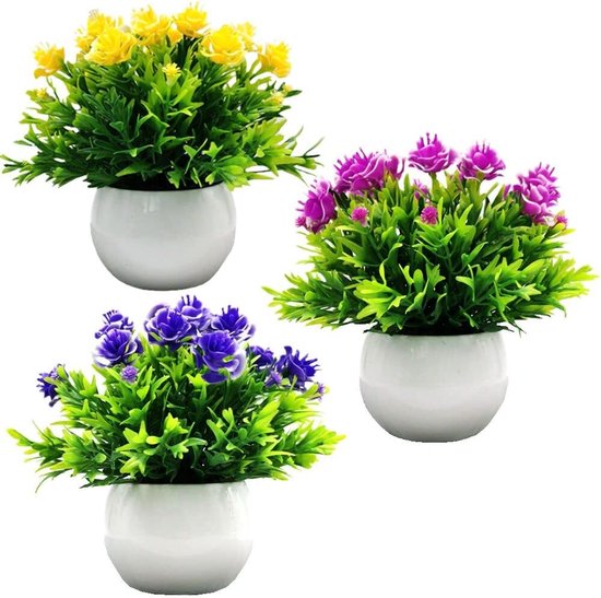 Kunstplant, kleine mini-kunstplanten in pot, 3-delige set, plantenkunstbloemen in pot, driekleurig, voor interieur en slaapkamer, decoratie voor badkamer, woonkamer, huis, kantine, huis, balkon