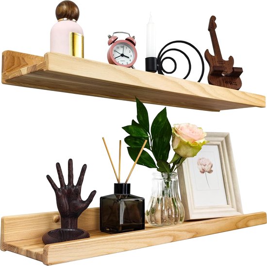 Set van 2 zwevende wandplanken, rustieke houten rekken met lip, kinderboekenplanken, foto- en fotorek voor slaapkamer, woonkamer, badkamer, keuken, kantoor (natuurlijk, 60 cm)
