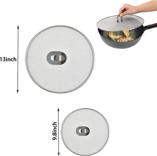 Roestvrijstalen spatbescherming, multifunctioneel spuitnet met klapgreep voor bescherming tegen olie, kan op elke pot of pot geplaatst worden (2 stuks)