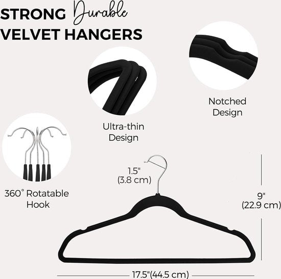 Hangers, 60 stuks, fluwelen hangers, antislip vilten hangers, ruimtebesparend, premium zwarte kostuumhanger, 360° roterende haak