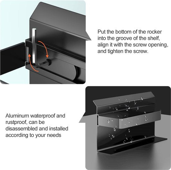 Space aluminium toiletrolhouder met ruime planken, toiletrolhouder wandhouder voor toilet en keuken, zonder boren met plank (zwart)