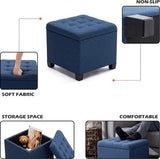 Kruk met opbergruimte, kubuszitting met deksel, zitkist, opbergkist voetenbankkist, linnen, 44 L, 45 x 41 x 41 cm, marineblauw