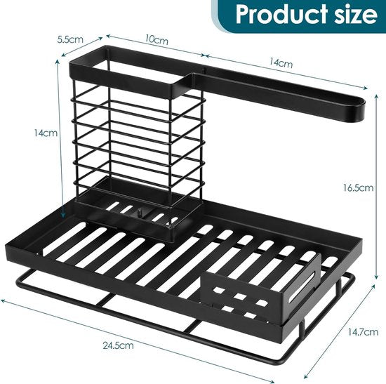 Sink Organiser, Sink Organiser with Brush Holder, Stainless Steel Sink Shelf with Drain Pan, Kitchen Utensils, Sponge Holder, Washing-Up Liquid Holder, Sink Caddy, Black for Kitchen and Bathroom