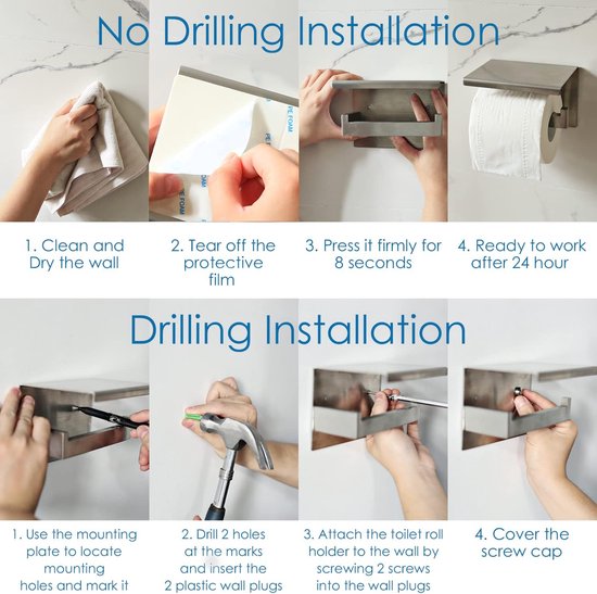 Toiletrolhouder met plankje, roestvrij staal, voor aan de muur, zelfklevend, je hoeft niet te boren, voor badkamer, toilet, keuken, zilverkleurig