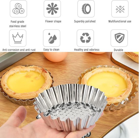 Pack of 20 Tartlet Moulds Small Tart Mould Non-Stick Coating Moulds Tart Baking Mould Set Quiche Mould Round Pie Mould Tartlet Made of Stainless Steel for Mini Cake Tart Quiche