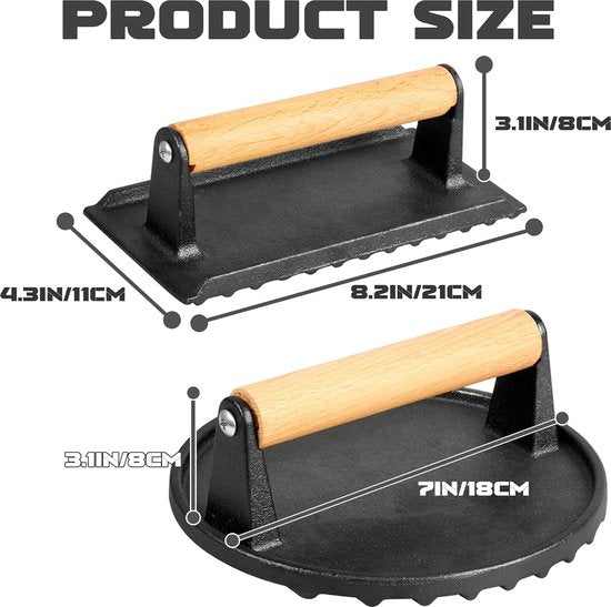 Set van 2 hamburgerpers, gietijzer, hamburgerpers met antiaanbaklaag, rond en rechthoekig, grote hamburgerpers van 1 kg, voor het persen van steaks, hamburgers, spek, worstjes