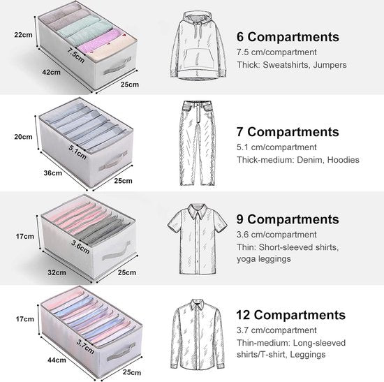 Lade-kledingorganizer, 7 vakken, opvouwbare kledingkastscheidingswanden met handvat, multifunctionele kastopbergdoos, opvouwbare kastorganizer, set van 2 (grijze rand)