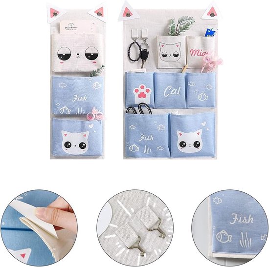 2 stuks opbergtassen voor aan de muur, hangende organizer, opvouwbaar, 7 vakken en 3 vakken, met kleefhaken, voor sleutels, speelgoed, afstandsbedieningen, boeken, cosmetica